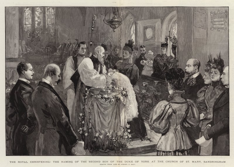 Královské křtiny, pojmenování druhého syna vévody z Yorku v kostele svaté Marie v Sandringhamu od Sydney Prior Hall