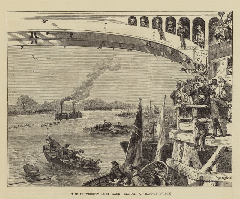 Univerzitní závod lodí, skica na mostě Barnes Bridge od Sydney Prior Hall