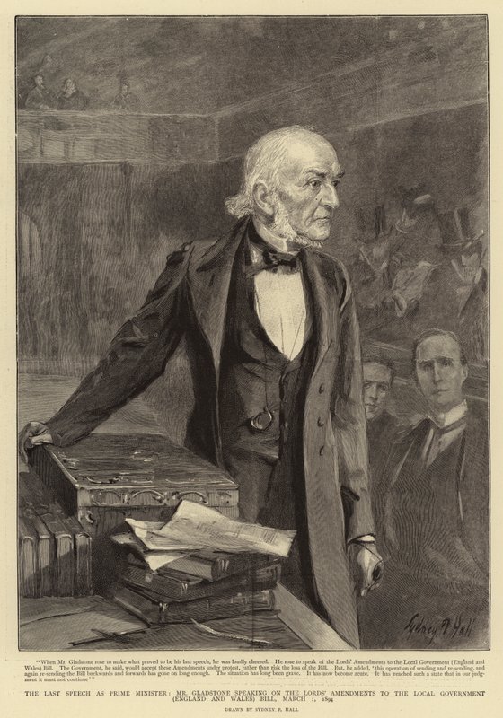 Poslední projev ve funkci předsedy vlády pan Gladstone o dodatcích lordů k návrhu zákona o místní vládě (Anglie a Wales), 1. března 1894 od Sydney Prior Hall