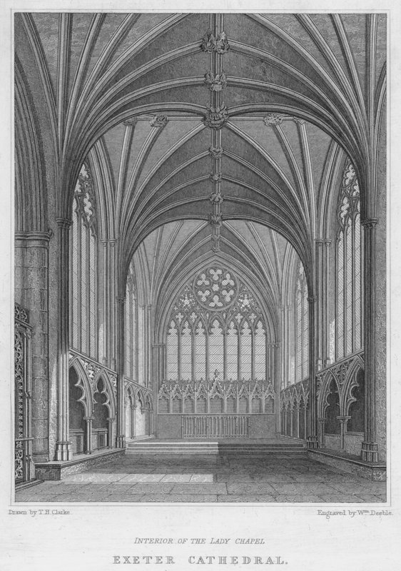 Exeterská katedrála, interiér kaple Lady (rytina) od T.H. Clarke