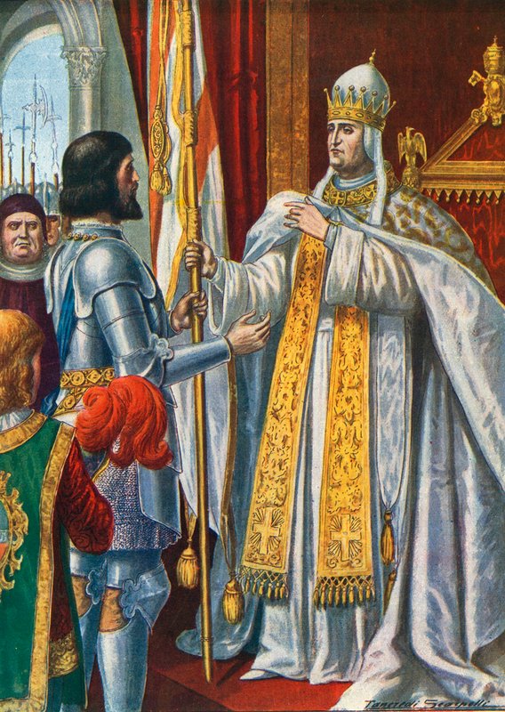 Alberico da Barbiano dostává od papeže Urbana VI. vlajku s nápisem "Itálie osvobozena od barbarů", 1379 od Tancredi Scarpelli