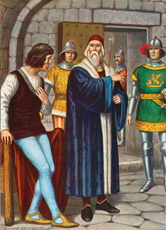 Doge Francesco Foscari říká svému synovi, aby poslouchal rozkazy Republiky od Tancredi Scarpelli
