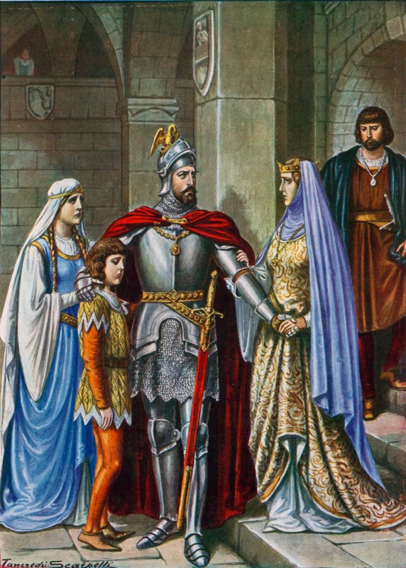 Elena a jejich děti se loučí s Manfredem, který padl v bitvě u Beneventa. od Tancredi Scarpelli