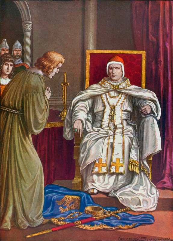 Císař Svaté říše římské Jindřich IV činí pokání, aby zvrátil svou exkomunikaci papežem Řehořem VII od Tancredi Scarpelli
