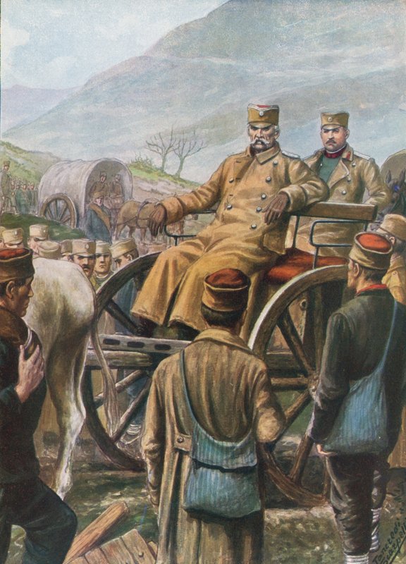 Srbská armáda se svým králem Petrem postupuje směrem k Durazzu od Tancredi Scarpelli