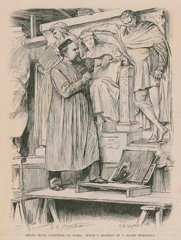 Henry Hugh Armstead při práci na Albertově památníku (rytina) od Theodore Blake Wirgman