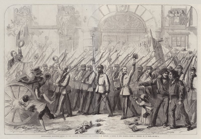 Nadšené přijetí udělené britským dobrovolníkům pro Garibaldiho v Neapoli, scéna v Toledu od Thomas Nast