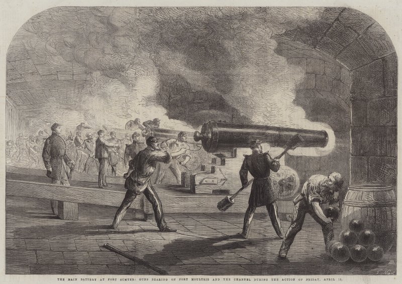 Hlavní baterie ve Fort Sumter, děla mířící na Fort Moultrie a kanál během akce v pátek 12. dubna od Thomas Nast