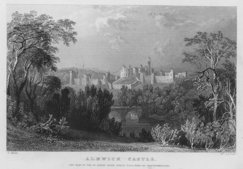 Hrad Alnwick, sídlo Hugha Percyho, vévody z Northumberlandu (rytina) od Thomas (after) Allom