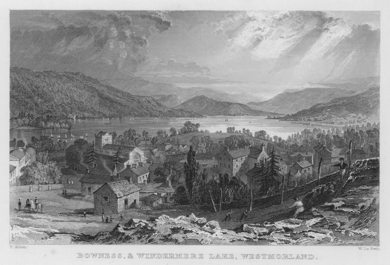 Bowness a Windermere Lake, Westmorland (rytina) od Thomas (after) Allom