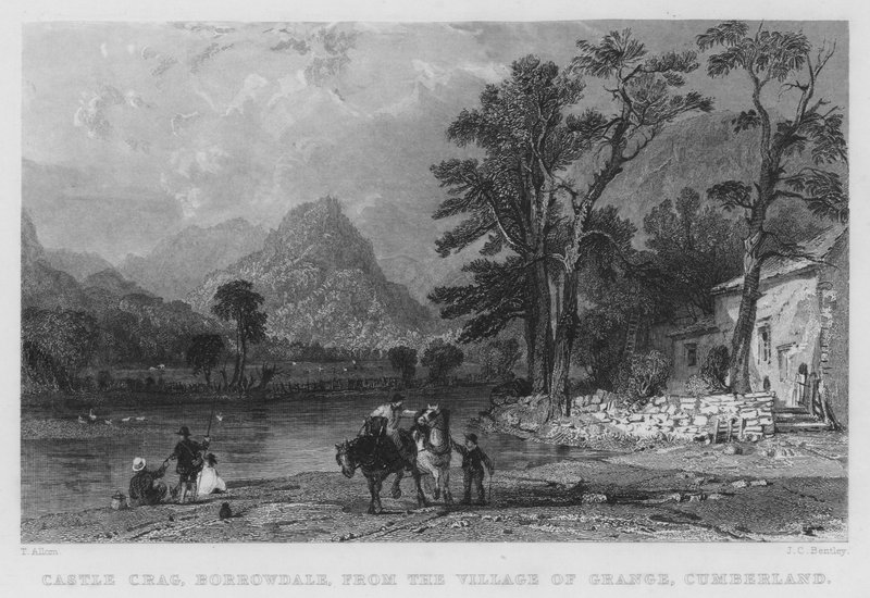 Castle Crag, Borrowdale, z vesnice Grange, Cumberland (rytina) od Thomas (after) Allom