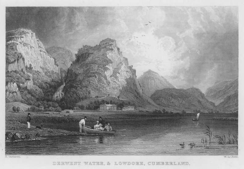 Derwent Water a Lowdore, Cumberland (rytina) od Thomas (after) Allom