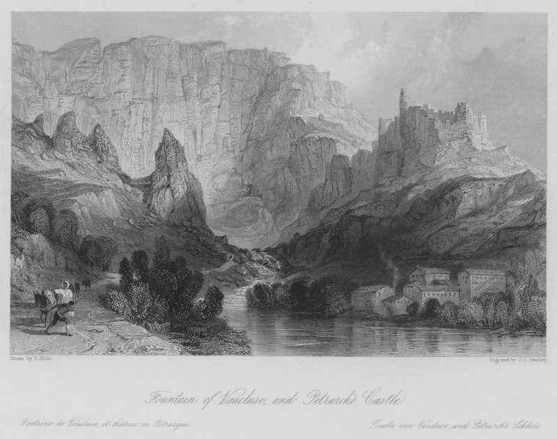 Fontána Vaucluse a Petrarchův hrad (rytina) od Thomas (after) Allom