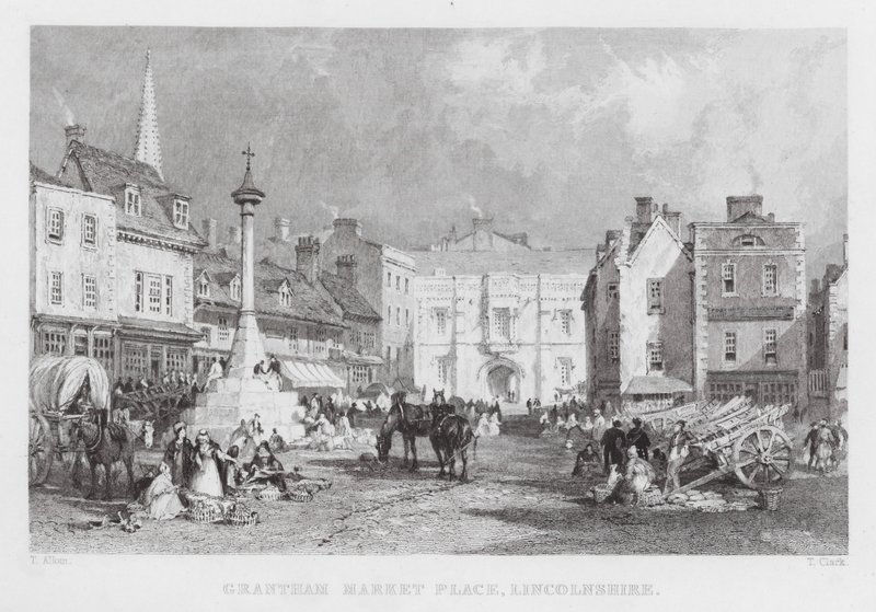Grantham Market Place, Lincolnshire (rytina) od Thomas (after) Allom