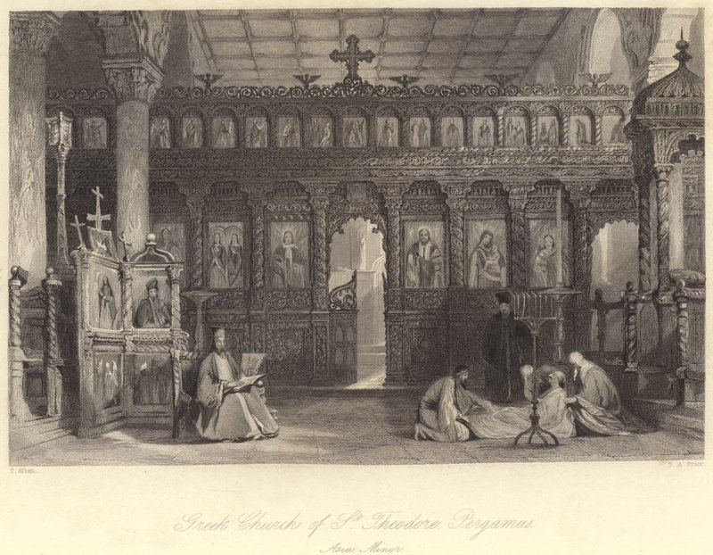 Řecký kostel svatého Theodora, Pergamus, Malá Asie (rytina) od Thomas (after) Allom