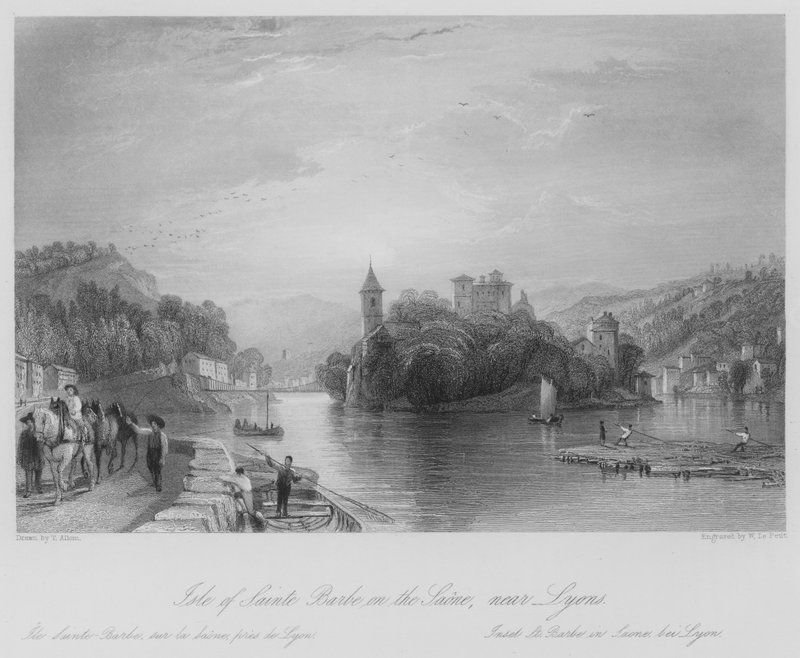 Ostrov Sainte Barbe na Saone, poblíž Lyonu (rytina) od Thomas (after) Allom