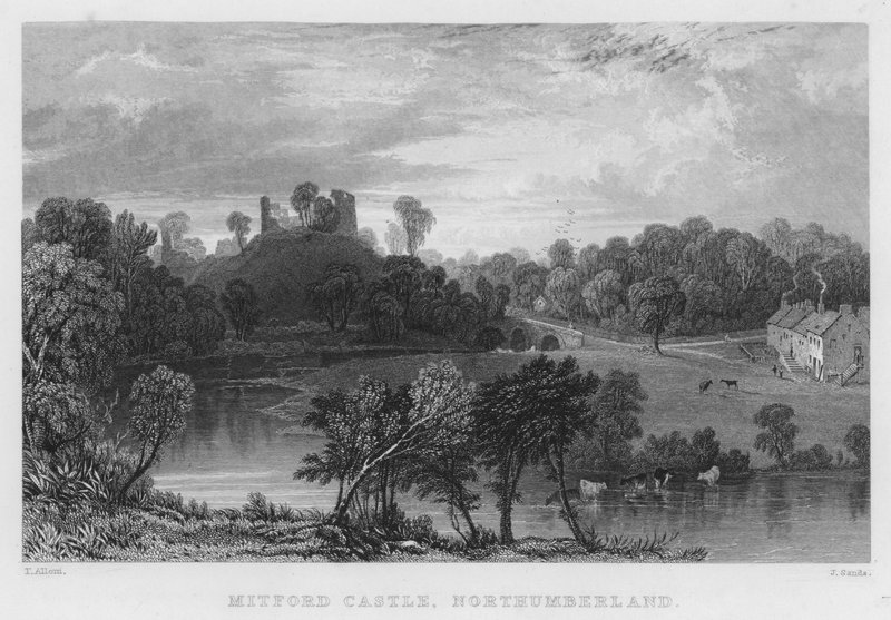 Mitford Castle, Northumberland (rytina) od Thomas (after) Allom