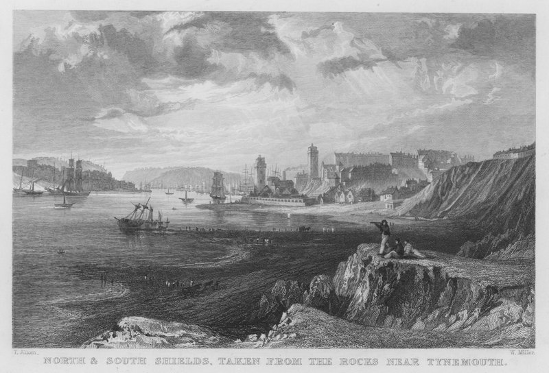 North and South Shields, převzato ze skal poblíž Tynemouth (rytina) od Thomas (after) Allom