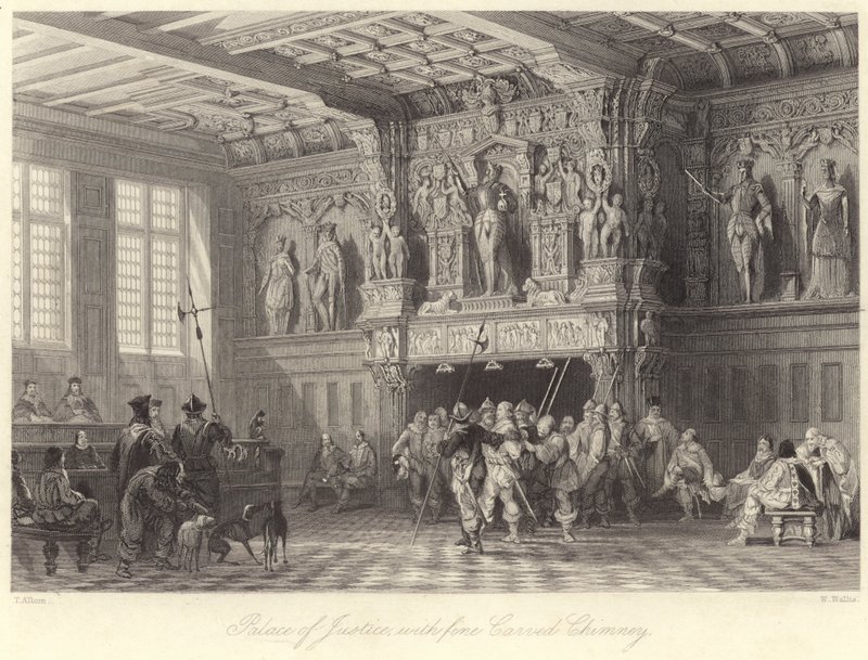 Justiční palác, s jemným vyřezávaným komínem, Bruggy (rytina) od Thomas (after) Allom