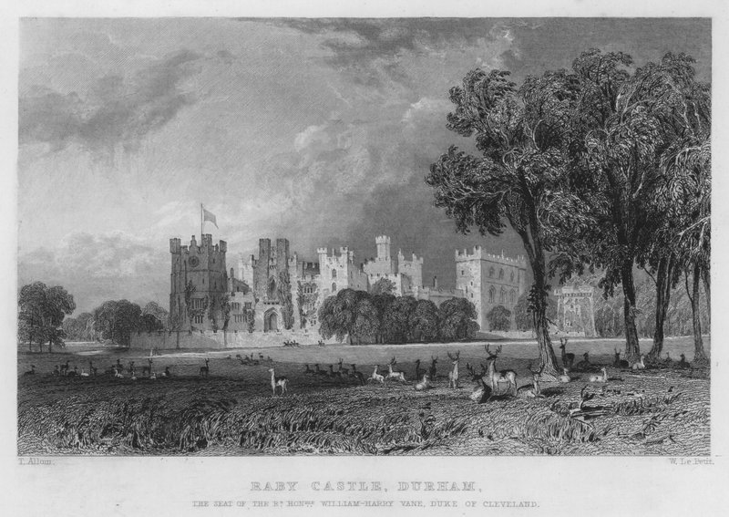 Hrad Raby, Durham, sídlo Williama-Harry Vanea, vévody z Clevelandu (rytina) od Thomas (after) Allom