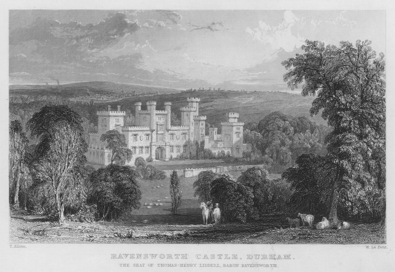 Ravensworth Castle, Durham, sídlo Thomas-Henry Liddell, Baron Ravensworth (rytina) od Thomas (after) Allom