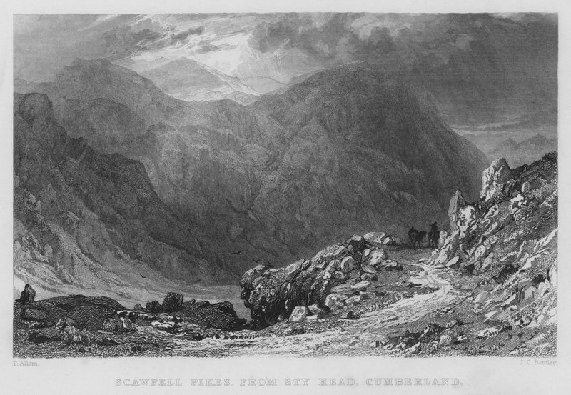 Scawfell Pikes, od Sty Head, Cumberland (rytina) od Thomas (after) Allom