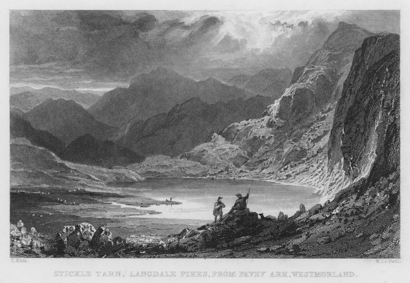 Stickle Tarn, Langdale Pikes, z Pavey Ark, Westmorland (rytina) od Thomas (after) Allom