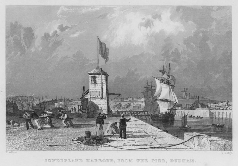 Sunderland Harbour, z mola, Durham (rytina) od Thomas (after) Allom