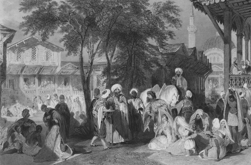 Aurutský bazar neboli trh s otroky, Konstantinopol (rytina) od Thomas (after) Allom