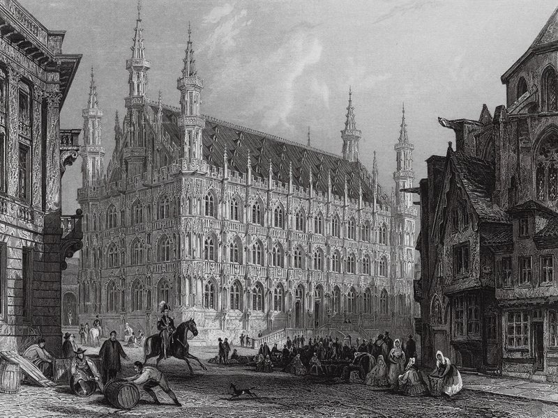 Louvainská radnice s částí katedrály (rytina) od Thomas (after) Allom