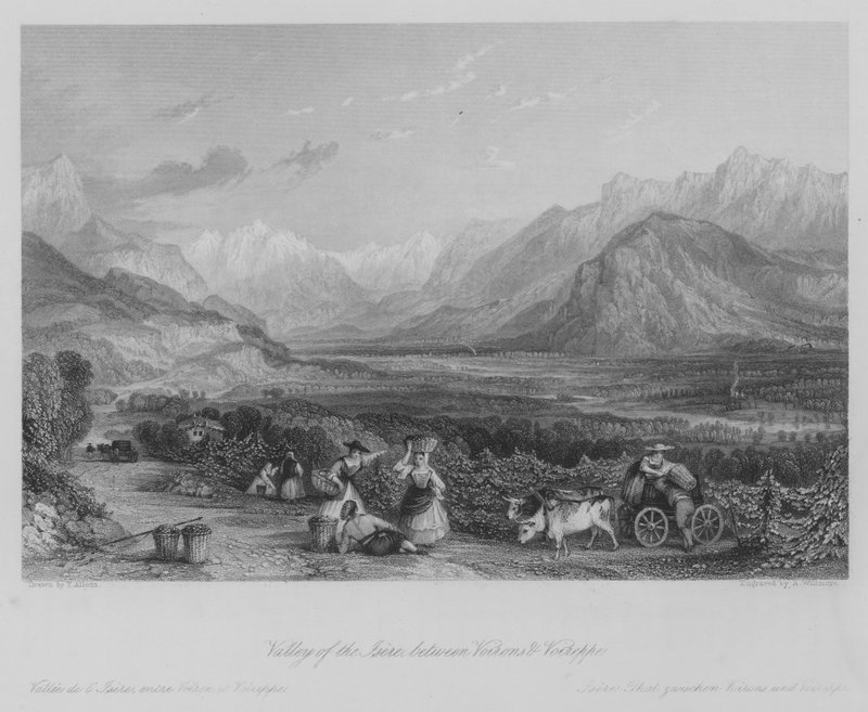 Údolí Isere, mezi Voirons a Voireppe (rytina) od Thomas (after) Allom