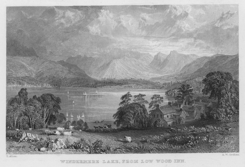 Windermere Lake, z Low Wood Inn (rytina) od Thomas (after) Allom