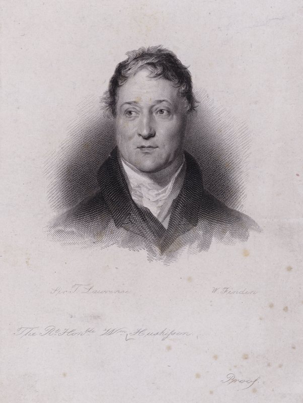 William Huskisson, anglický politik a finančník, zabit při železniční nehodě, když ho přejela průkopnická parní lokomotiva Roberta Stephensona Rocket (rytina) od Thomas (after) Lawrence