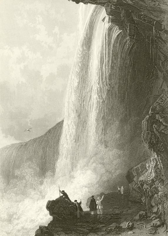 Horse Shoe Fall, Niagara. Vchod do Cavern of, na anglické straně od Thomas Allom