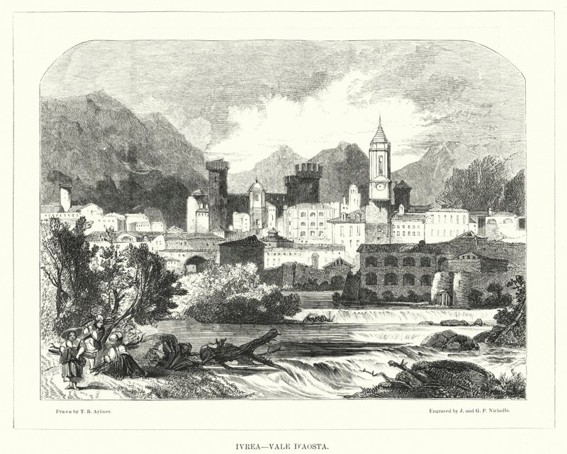 Ivrea, údolí Aosty (rytina) od Thomas Brabazon Aylmer