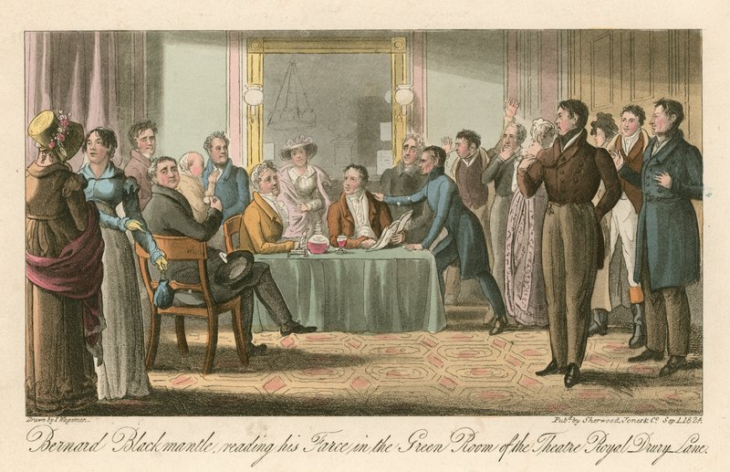 Bernard Blackmantle čte svou Frašku v zeleném sále Theatre Royal, Drury Lane, Londýn od Thomas Charles Wageman