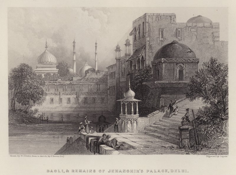 Baoli a pozůstatky Jehanghirova paláce, Dillí (barevné lito) od Thomas Colman (after) Dibdin