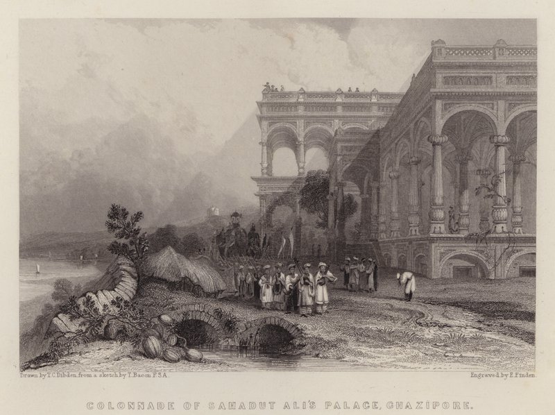 Kolonáda paláce Saadat Ali, Ghazipur (barevné lito) od Thomas Colman (after) Dibdin