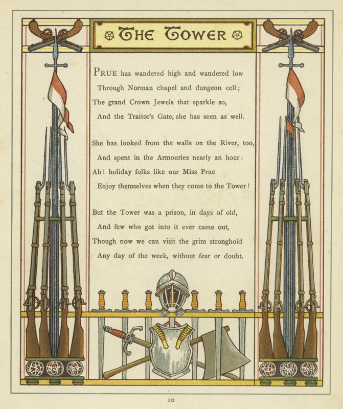 Verš o Tower of London s obrázky brnění a zbraní od Thomas Crane