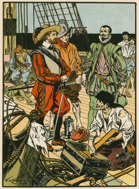 Ulovený poklad. Sir Francis Drake (barevná litografie) od Thomas Heath Robinson