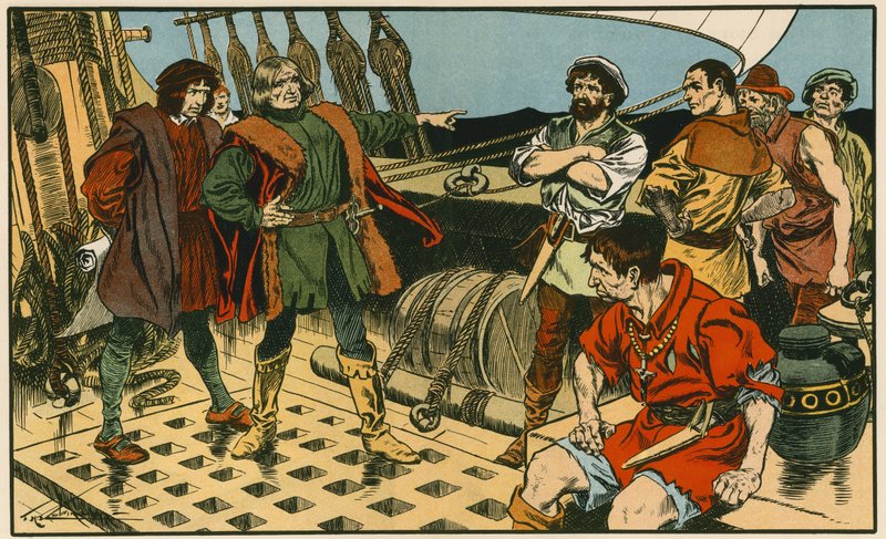 Kryštof Kolumbus na cestě do Ameriky (barevná litografie) od Thomas Heath Robinson