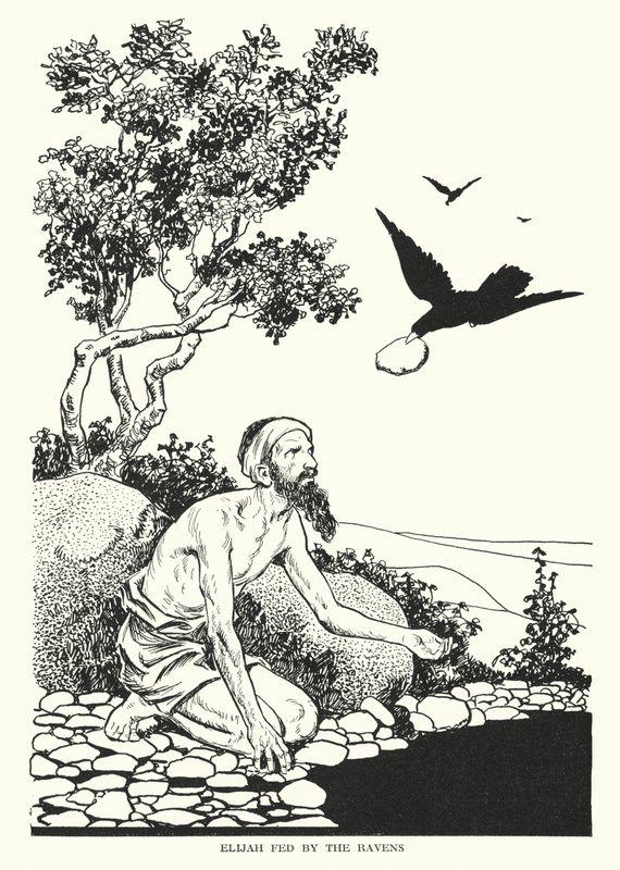 Eliáš krmený havrany (litografie) od Thomas Heath Robinson