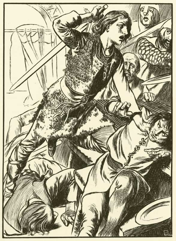 Hereward a jeho muži útočí na Normany (rytina) od Thomas Heath Robinson