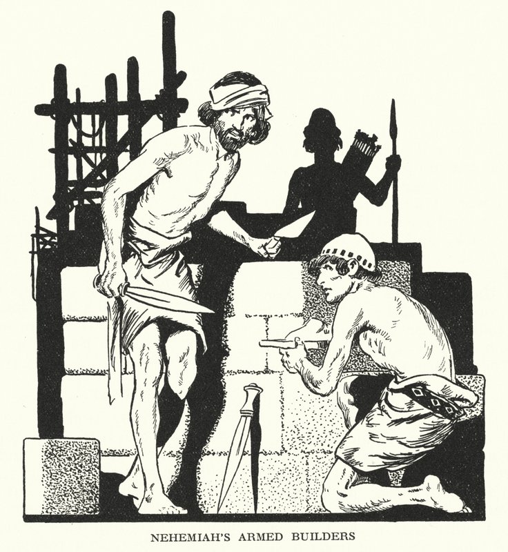 Nehemiášovi ozbrojení stavitelé (litografie) od Thomas Heath Robinson