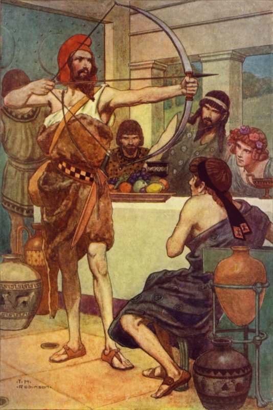Odysseus trestá nápadníky (barevná litografie) od Thomas Heath Robinson