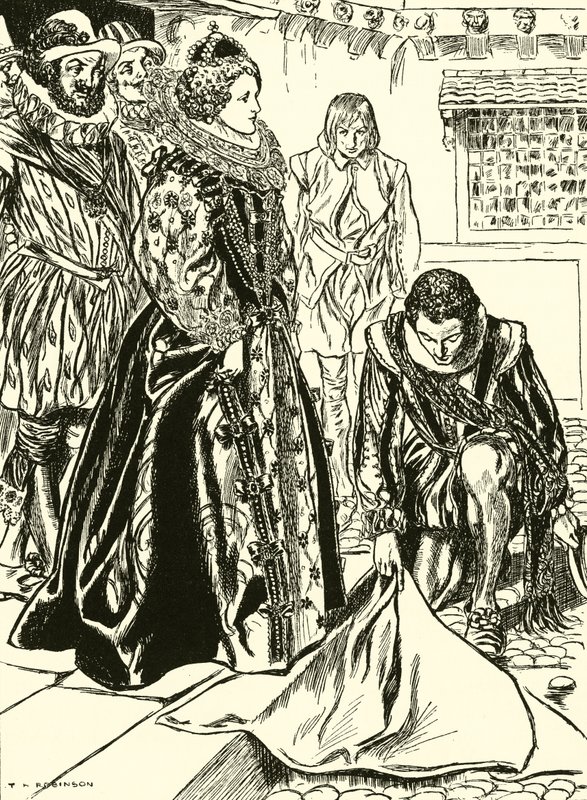 Raleigh rozprostírá svůj plášť před Alžbětou (rytina) od Thomas Heath Robinson