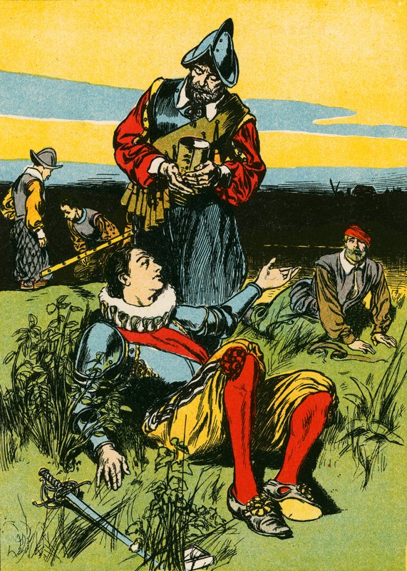 Sir Philip Sidney a umírající voják (barevná litografie) od Thomas Heath Robinson