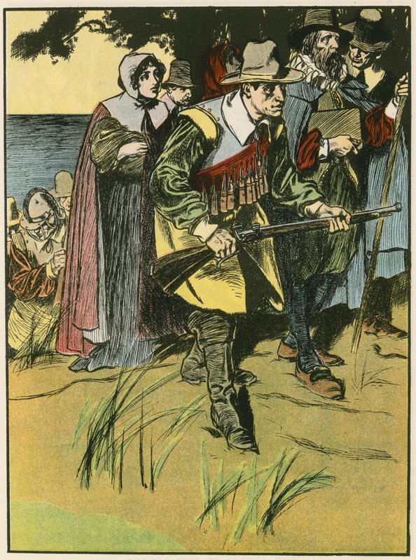 Otcové poutníci vstupují do Nového světa (barevná litografie) od Thomas Heath Robinson