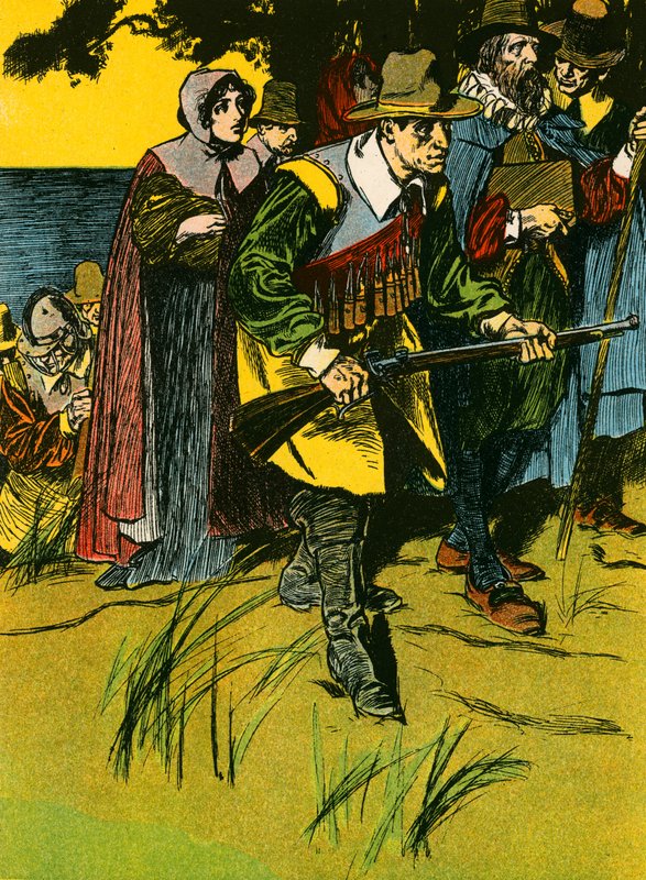 Otcové poutníci vstupují do Nového světa (barevná litografie) od Thomas Heath Robinson