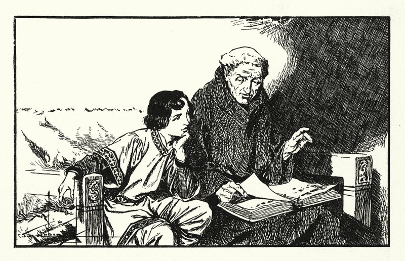 Budoucí král Alfréd při výchově (litografie) od Thomas Heath Robinson